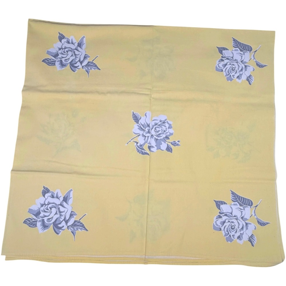 Vtg Yellow Cotton 50's Tablecloth Gray White Floral Rose Print 52 x 48 Grandma